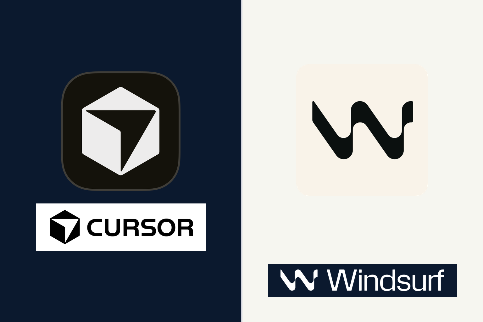 Cursor vs Windsurf official logos in equal hierarchy split layout